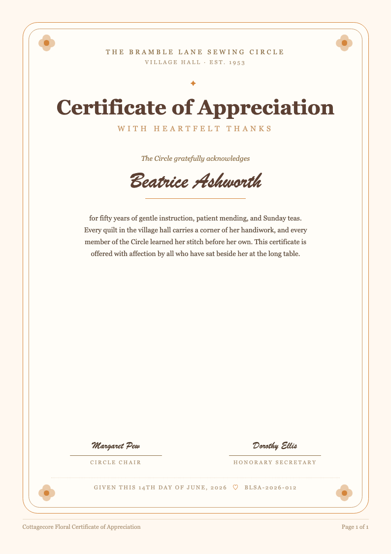 Cottagecore floral certificate